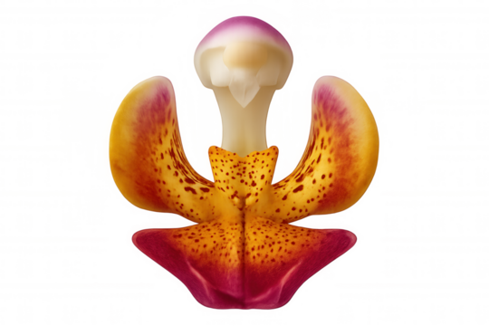 Exotic orchid flower blossom displaying vibrant yellow, red, and spotted petals, isolated with a transparent background