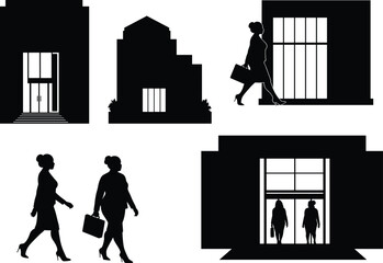 Urban architecture, building silhouettes, walking people, city lifestyle, business district, modern design, office entrance, daily commute, professional scene, workplace environment illustration