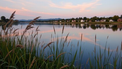Tall reeds sway in the foreground with a tranquil lake reflecting a pastel sky and distant houses