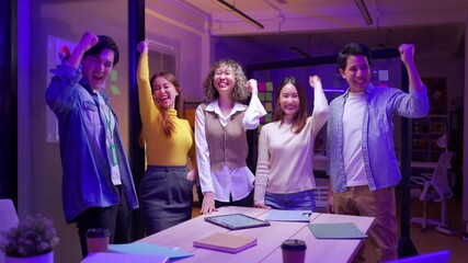 Asian business professionals creative product developers brainstorm innovative ideas prepare present new business plan leverage AI assistance big data analytics enhance strategic growth optimize work