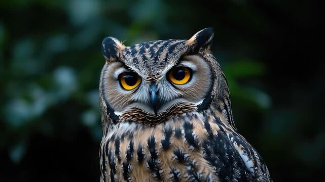 A close-up shot of an owl's face showing its bright yellow eyes