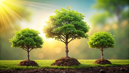 Three vibrant green trees bask in the warm glow of sunlight