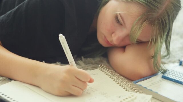 Teenage girl with colorful hair lying on floor at home, focused on writing notes in notebook while studying and tackling school assignments with quiet concentration