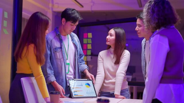 Asian business professionals creative product developers brainstorm innovative ideas prepare present new business plan leverage AI assistance big data analytics enhance strategic growth optimize work