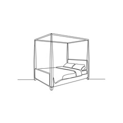 Four-poster canopy bed with pillows in line art illustration