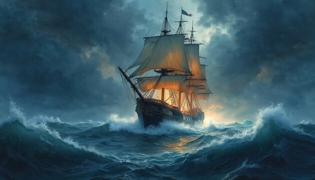 Historic tall ship sails stormy ocean sea. Majestic vessel navigates rough waves under dramatic cloudy sky. Nautical adventure on the deep blue water.