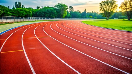 An empty red running track curves through a lush green park landscape
