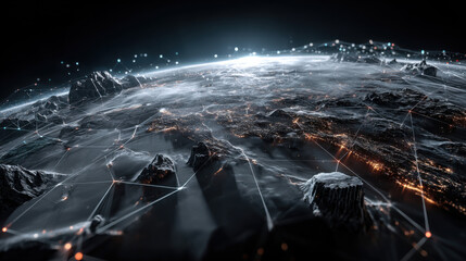 Blockchain technology futuristic hud background with world globe and blockchain polygon peer to peer network.