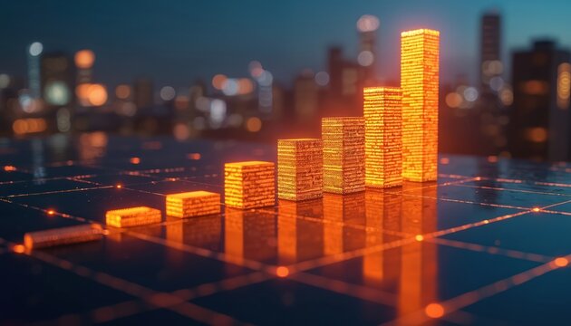 Glowing rising bar chart on digital grid at night city skyline. Financial growth, business success, data analysis, market trend, economic progress, tech innovation, future investment.