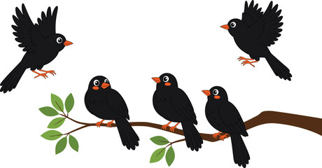 Cartoon black birds sitting on tree branch with green leaves, flying birds, nature wildlife illustration, cute animal drawing, vector © Shahariar's World