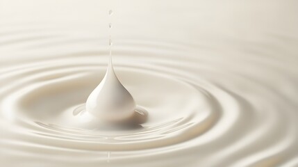 Liquid milk drop gracefully plunging into milky surface, creating ripples and a moment of splash with soft lighting, showcasing an abstract composition emphasizing purity and natural beauty,...