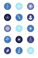 Modern stylized winter round vector icons. Flat minimalistic design, abstract elements, winter and the cold season with motifs of snowflakes and Christmas trees. New Year and Christmas illustration