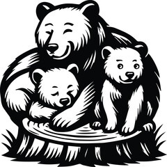 Mama Bear with Cubs   Bear Family on Tree Root Silhouette   Wildlife Animal Clipart © IAKCreatives