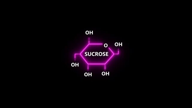 Neon pink sucrose molecule chemical structure on black background chemistry science