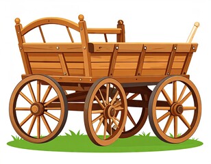 Fototapeta premium Detailed Wooden Cart with Four Wheels on Green Grass Patch Illustration Against White Background