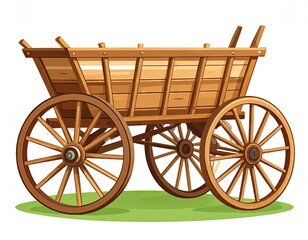 Fototapeta premium Detailed Wooden Cart with Four Wheels on Green Grass Isolated on White Background