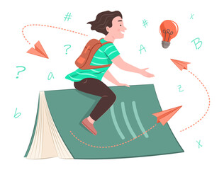Cute Elementary Student Boy Riding a Book and Enjoy Flying to Learning Journey for Education Concept Illustration Clip Art