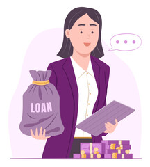 Bank Employee Presents Loan Money Bag with Stack of Cash Money Bundle for Bank Loan and Financial Concept Illustration
