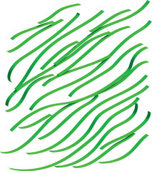 Freshly cut chives scattered randomly on a white surface creating a vibrant green pattern, perfect for culinary or organic themes.