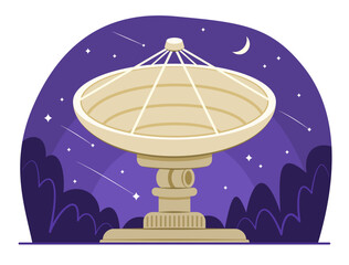 Satellite Dish Placed Outdoors at Night for Aerial Telecommunication Technology, Science and Astronomy Concept Illustration Clip Art