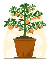 Ripe Oranges on Small Orange Tree in Pot for Fruit and Decorative Potted Plant Illustration Clip Art