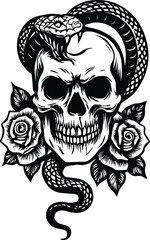 Snake Skull Floral | Gothic Skull Floral Snake Tattoo Clipart | Dark Boho Cut File