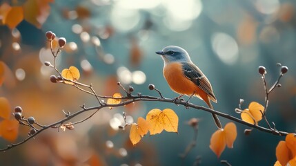 Obraz premium Vibrant orange bird perched on a delicate branch amidst a soft bokeh background, capturing the serene beauty of autumn nature's tranquility and peaceful wildlife.
