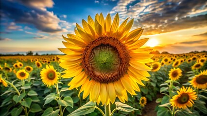 Fototapeta premium A vibrant sunflower in full bloom against a golden sunset sky