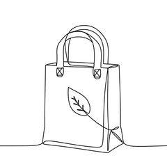 Continuous line drawing of a reusable shopping bag with a leaf symbol, representing eco-friendly shopping and sustainability.