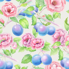 Seamless Watercolor Pattern with Plums and Pink Flowers on Light Background