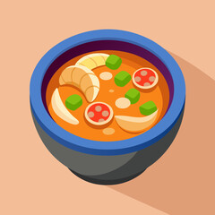 Isometric bowl of Tom Yum soup with prawns and vegetables