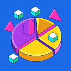 3D Pie Chart with Floating Geometric Shapes on Blue Background