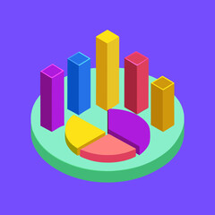 Isometric chart of colorful bars and a pie diagram
