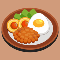 A plate of nasi lemak with egg peanuts and sambal