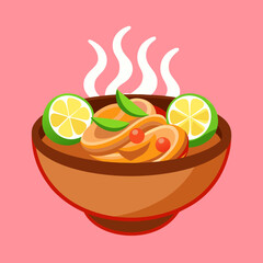 A steaming bowl of mee goreng with lime and chili on pink