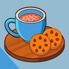 Cartoon cup of coffee and cookies on wooden plate
