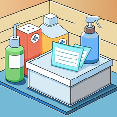 Cartoon illustration of disposable masks and sanitizer bottles