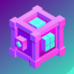 Isometric Digital Bank Vault with Glowing Digital Blocks