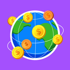 Coins orbiting Earth depicting global financial markets