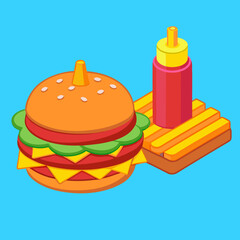 Colorful Burger with Fries and Ketchup Against a Blue Background