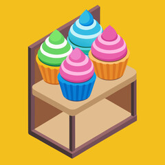 Colorful Cupcakes Arranged on Wooden Shelf with Daylight