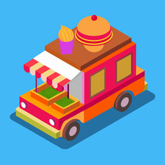 Isometric food truck serving burgers and ice cream