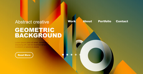Modern website design features vibrant geometric shapes, text elements, navigation menu. Bright colors create dynamic visual experience.