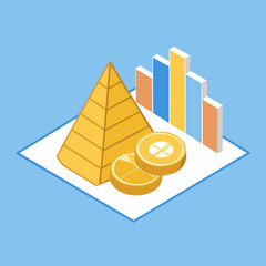 Golden Pyramid and Coin with Charts Representing Financial Data