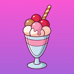 Ice cream sundae in a glass cup with wafer stick