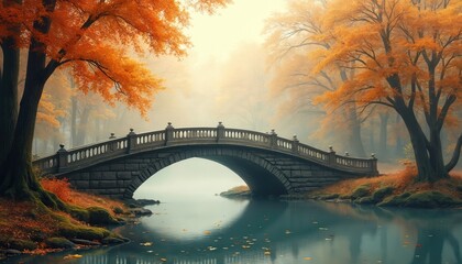 Stone arch bridge over calm water surrounded by trees with vibrant orange fall foliage. Mist creates a hazy, dreamlike atmosphere in the forest park landscape.