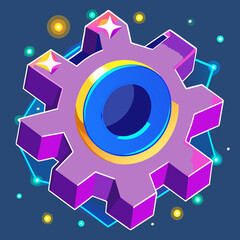 Isometric purple gear icon with digital particles on dark background