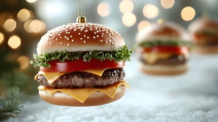 Festive hamburgers hanging as decorations in a cheerful holiday setting with warm lights