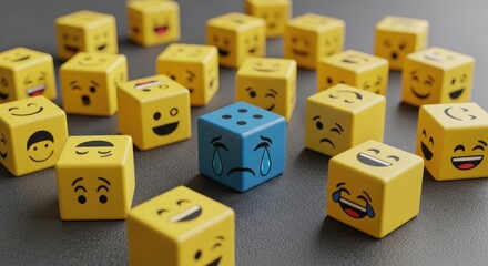 Social isolation concept using sad emoji block among happy ones to demonstrate feeling like an outcast or depression