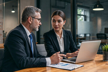 Obraz premium Business Meeting Between Colleagues Discussing Strategy on Laptop